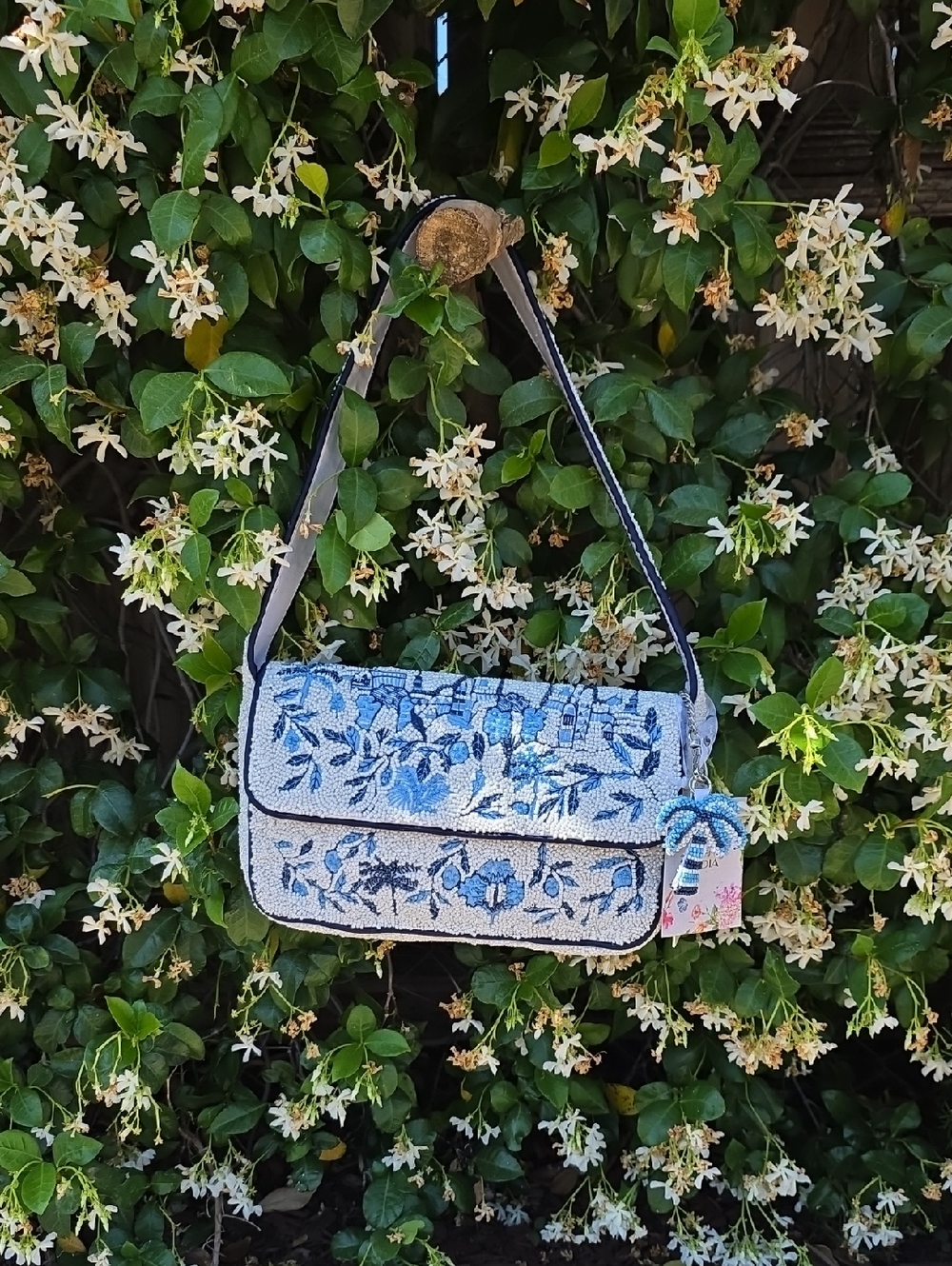 Blue Floral Embroidered Shoulder Bag with Palm Tree Charm